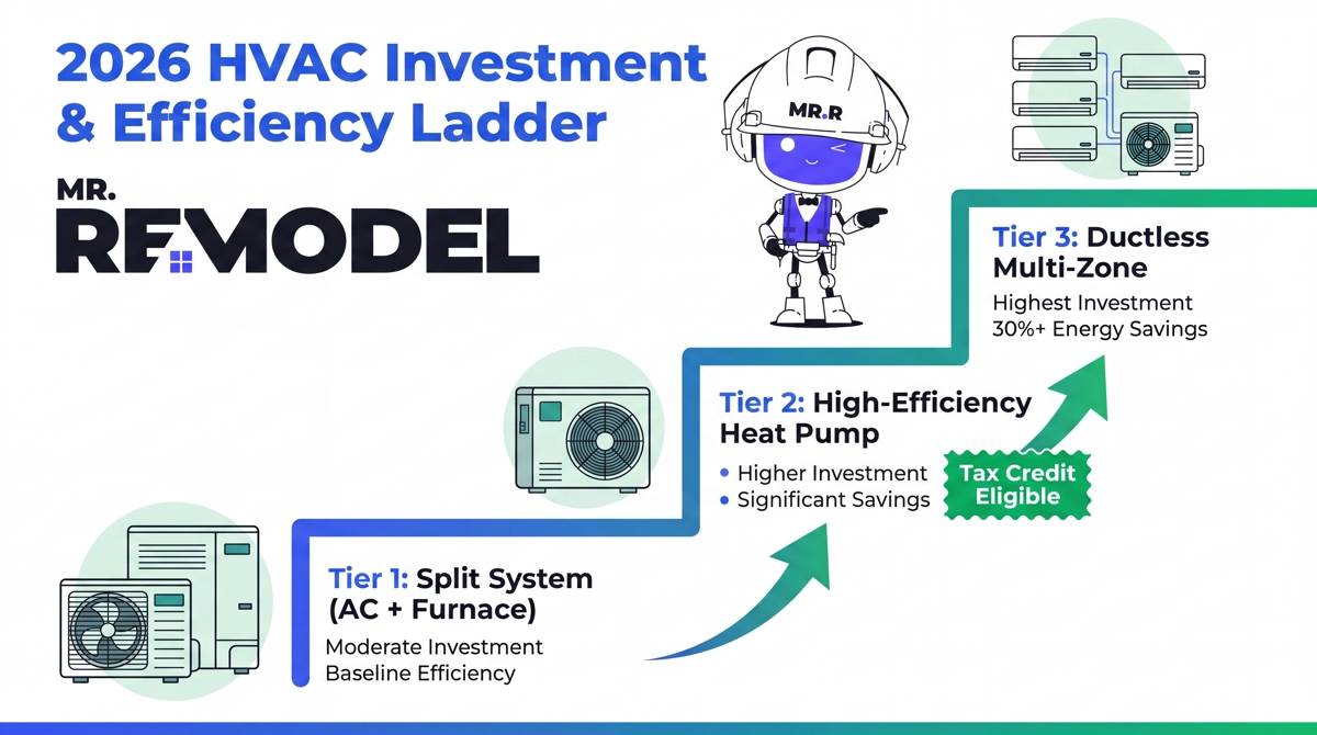 A vertical infographic illustrating the three main system types (Split System, Heat Pump, Mini-Split) against their Typical 2026 Investment ($7k–$20k) and Energy Savings Potential (from baseline to 30%+). It uses icons and a clear, ascending scale, emphasizing how higher upfront costs correlate to long-term utility reduction and tax credit value.